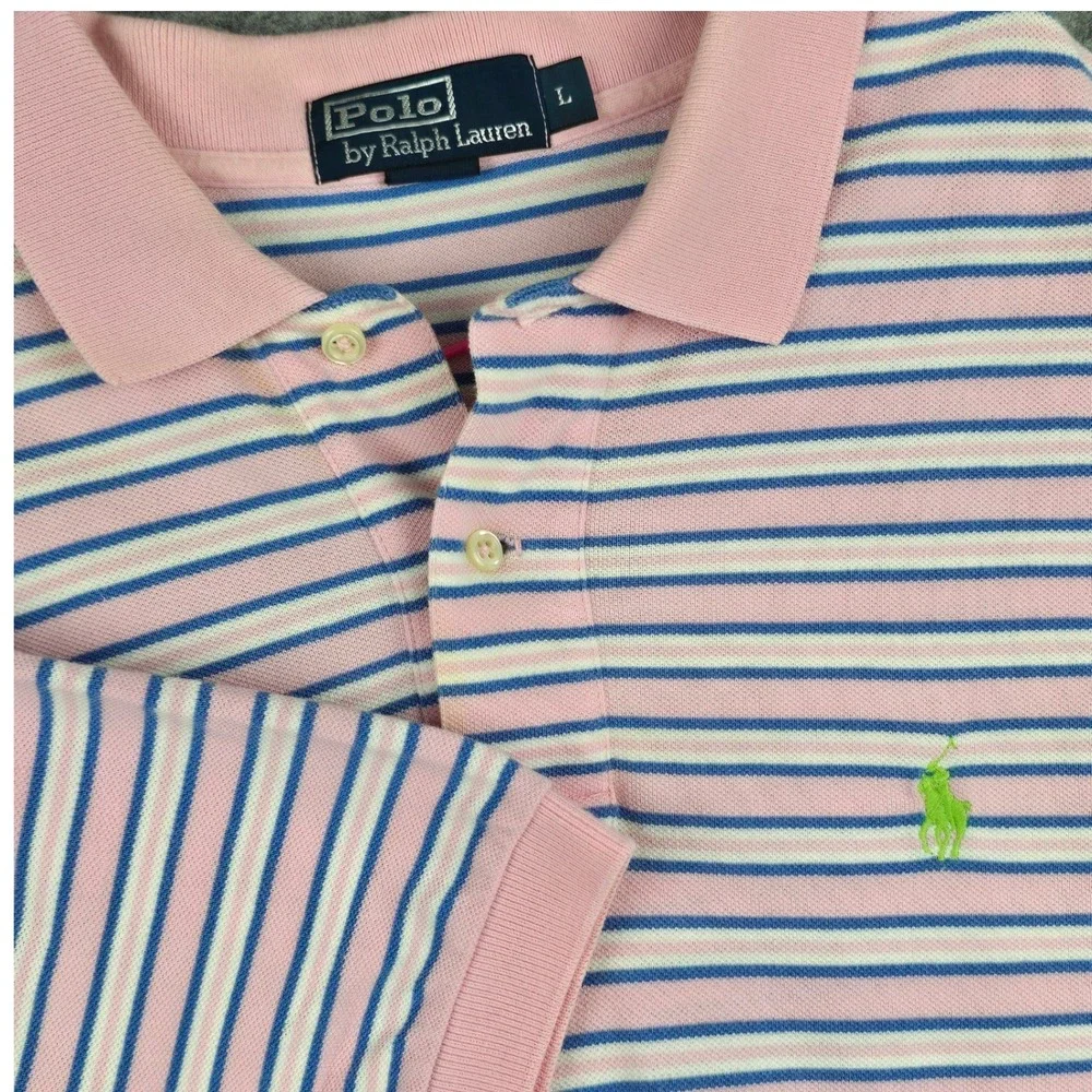 Polo Ralph Lauren Polo Mens L Pink Blue Striped Classic Fit Green Pony Logo
